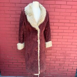 Vtg 90s B Lucid Womens M Burgundy Suede Penny Lane Afghan Coat Faux Fur Trim